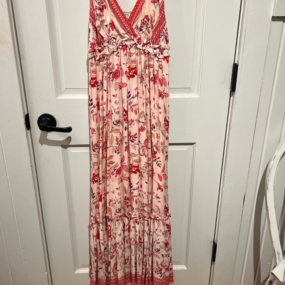 Blue Rain Red and Cream Floral Maxi Dress
